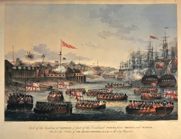Udsigt over landingen ved Rangoon af en del af de kombinerede styrker fra Bengal og Madras, under ordre fra Sir Archibald Campbell, den 11. maj 1825, indgraveret af Henry Pyall (1795-1833) 1825 (håndfarvet akvatint) af Joseph (after) Moore