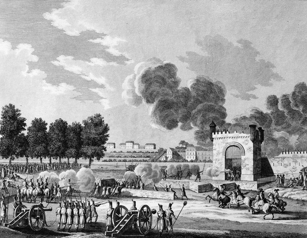 Fransk revolution: Republikansk fete des victoires, kamp mellem unge studerende ved Champs de Mars i Paris den 21. oktober 1794. Indgravering af Malapeau efter Swebach - Desfontaines. Paris, bibliotek for Institut for Revolutionshistorie af Joseph (after) Swebach Desfontaines