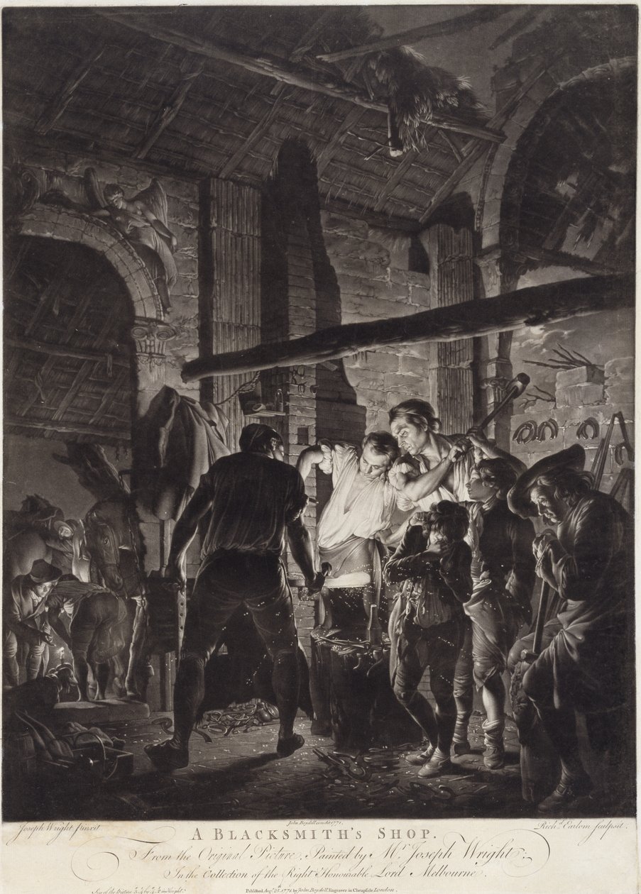 En smedbutik, graveret af Richard Earlom (1743-97) af Joseph (after) Wright of Derby