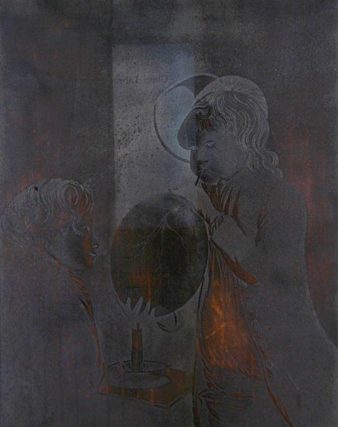 Tallerken til to drenge, der blæser en blære ved stearinlys, akvatinteret af Peter Perez Burdett (1735-93) (akvatint) (se 272306) af Joseph (after) Wright of Derby