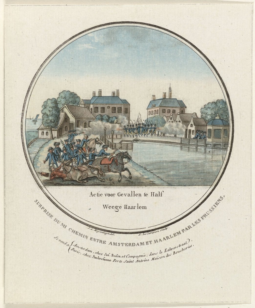 Angreb på Halfweg, 1787 Action for Gevalle i Half Weege Haarlem / Surprise du mi chemin entre Amsterdam et Haarlem par les Prussiens (titel på objekt) Franske plader med de preussiske angreb på Amsterdam i 1787 (serietitel) af Joseph Alexandre Le Campion