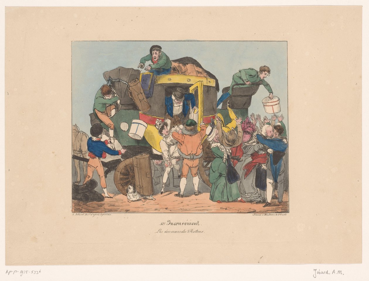Passagerer går fra en omnibus efter hjemrejse Les douceurs du retour (titel på objekt) Ubehag (serietitel) Upraktisk (serietitel på objekt) af Joseph Ambroise Jobard