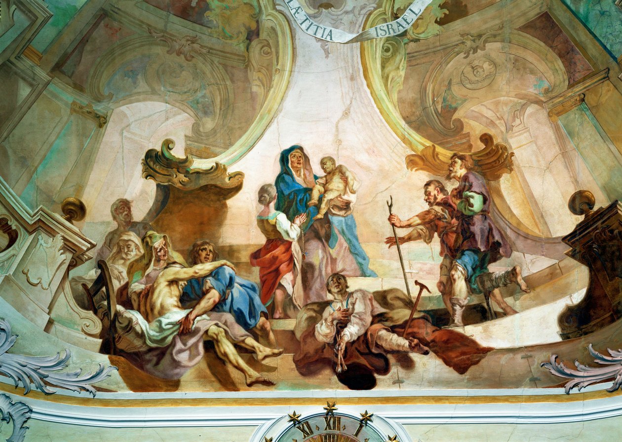 Loftsfresko i Birnau-kirken: lige under hyrdernes tilbedelse, et selvportræt af kunstneren med et bandageret ben ... (fresko) af Joseph Anton (1696 1770) Feuchtmayer
