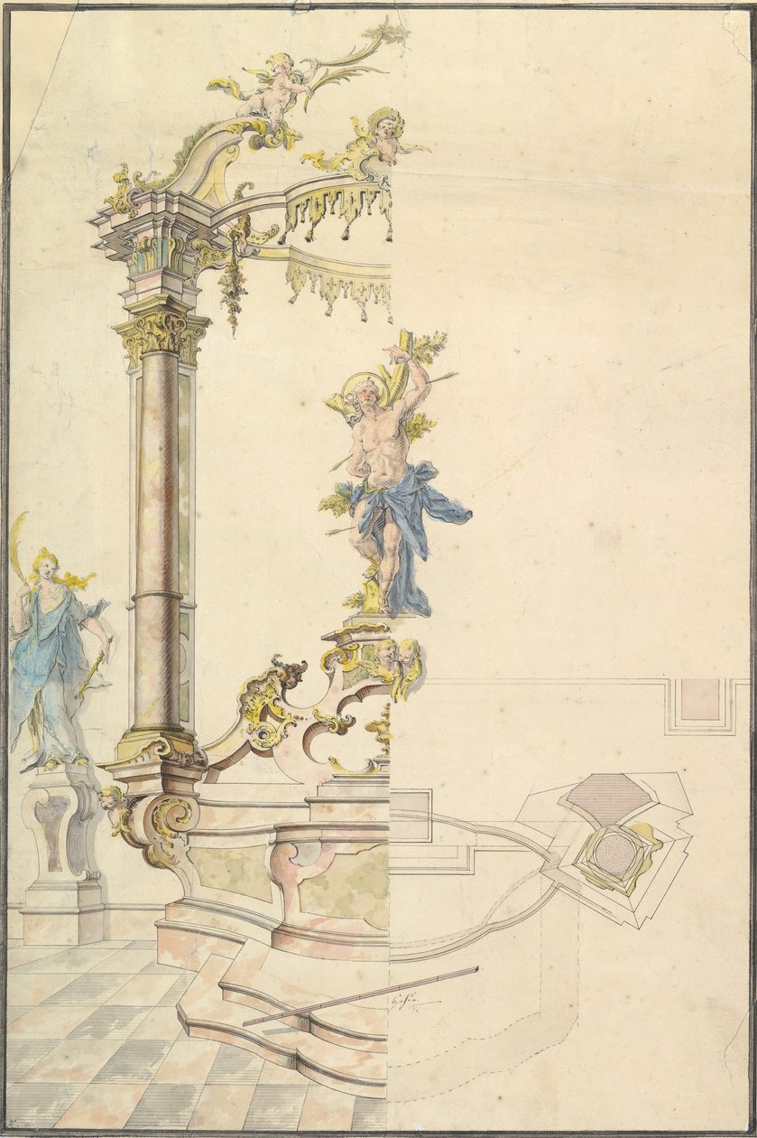 Design til en altertavle med en figur af St. Sebastian, 1741. af Joseph Anton Feuchtmayer