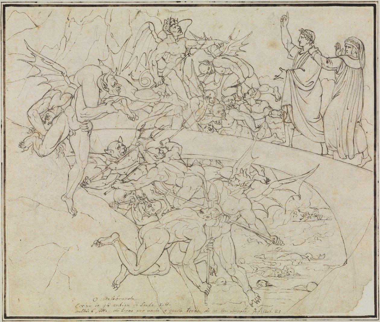 Ved bedragernes begsø, rådmanden fra Lucca (Dantes Inferno, sang 21, vers 34) af Joseph Anton Koch