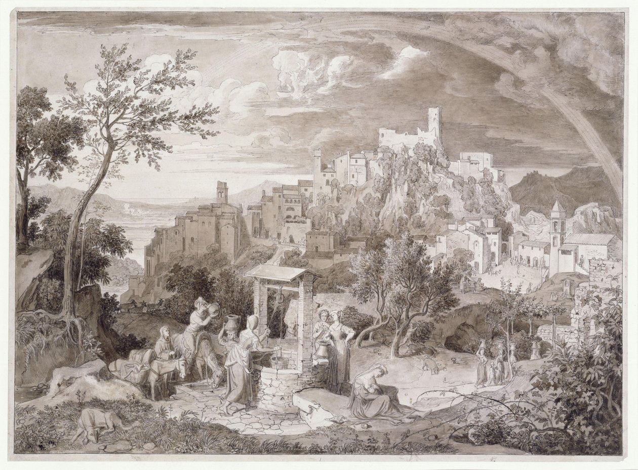 Udsigt over byen Olevano, provinsen Rom, Italien, med regnbuen af Joseph Anton Koch