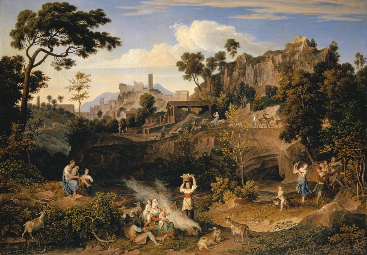 Landskab nær Olevano med en parade af dansende bønder, 1823-24 af Joseph Anton Koch