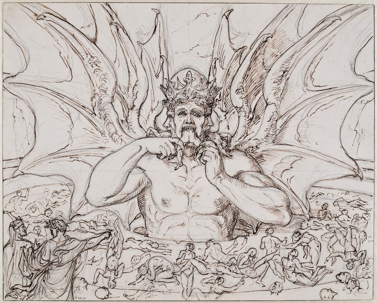 Lucifer i centrum af helvede. Illustration til den guddommelige komedie af Dante Alighieri, ca 1803. af Joseph Anton Koch