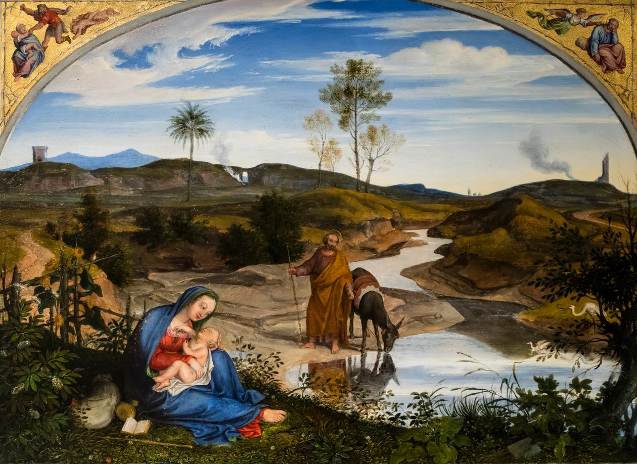 Repos pendant le fuite en Egypt, ca. 1820-1825 (Olie på træ (valnød)) af Joseph Anton Koch