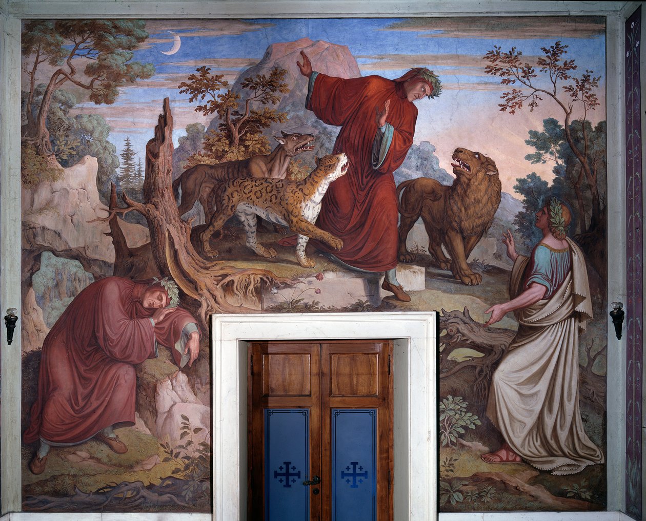 Repræsentation af Dante og Virgil, fra Dantes The Divine Comedy - Detail - Fresco af Joseph Anton Koch