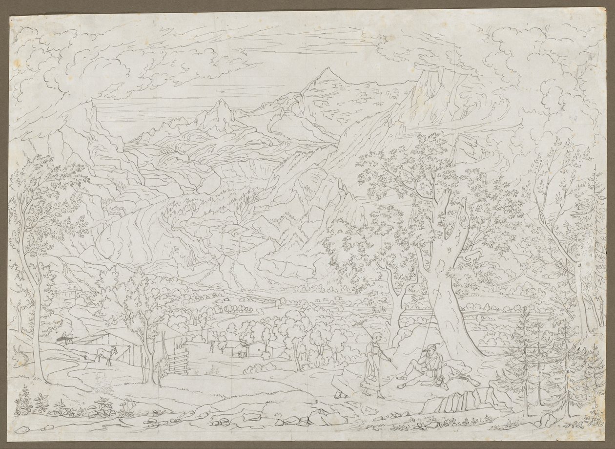 Grindelwald-gletsjeren med jæger og bondepige i forgrunden, ca. 1823. af Joseph Anton Koch