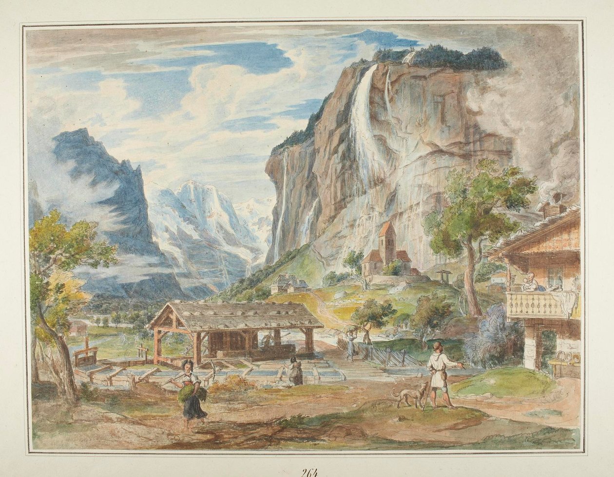 Staubbachvandfaldene og bjerget Jungfrau i Lauterbrunnendalen i Schweiz af Joseph Anton Koch