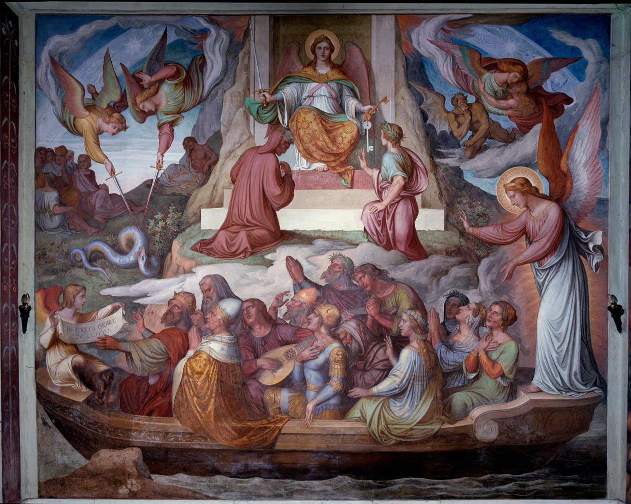 Sjælenes båd og Dantes og Virgils indgang i skærsildsbjerget - Fresco af Joseph Anton Koch