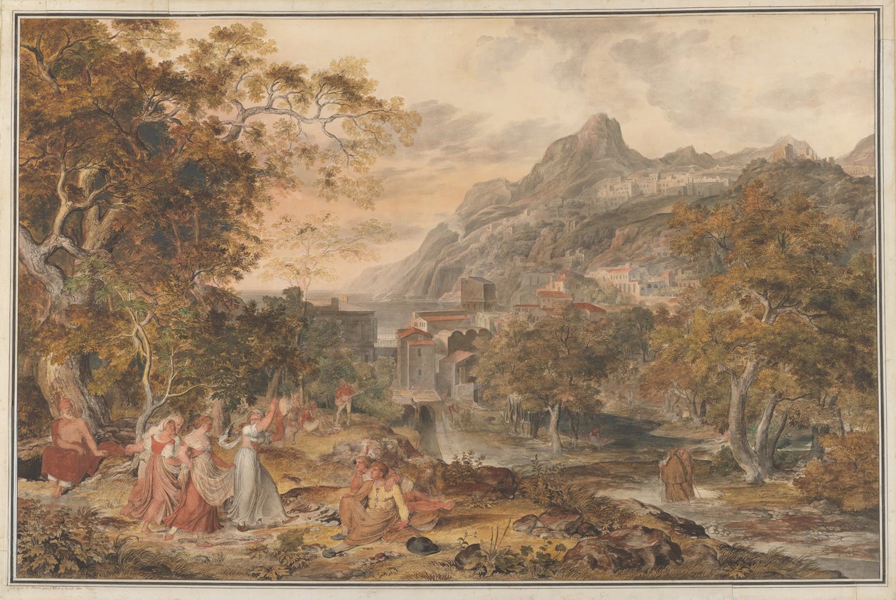 Udsigt over Vietri med unge landkvinder, der danser for hyrder i forgrunden, 1800. af Joseph Anton Koch