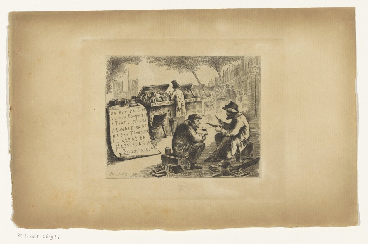 Boghandler under frokosten Vi bedes til enhver tid komme og læse på betingelse af, at vi ikke forstyrrer boghandlernes måltid (titel på objekt) af Joseph Apoux