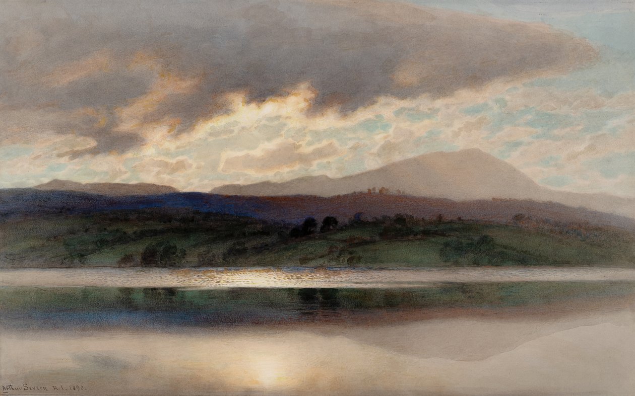 Solnedgang over Esthwaite Water (akvarel) af Joseph Arthur Palliser Severn