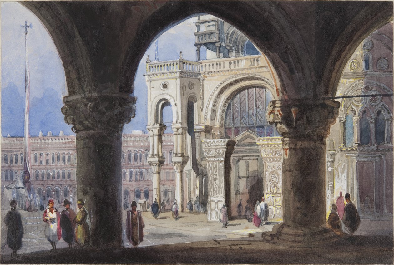 Kirke og Piazza San Marc i Venedig, indklæbet i Thomas Moodys Journal of a tour through Switzerland and Italy, 1822 (wc på papir) af Joseph Axe Sleap
