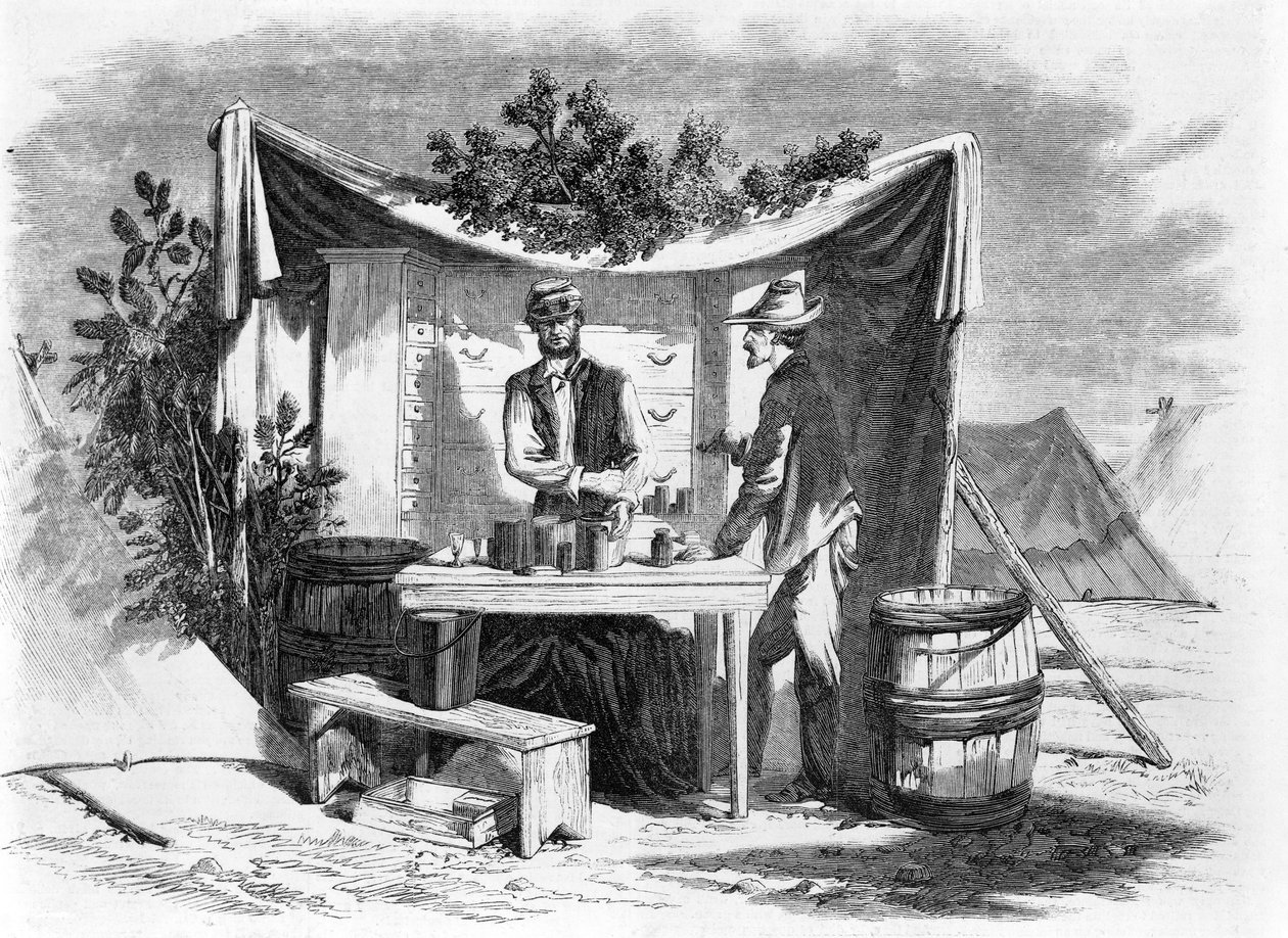 Camp Scenes - an Army Drug Store - Hospital Steward, fra en skitse af vores specielle kunstner, Joseph Becker, pub. 1864 af Joseph Becker