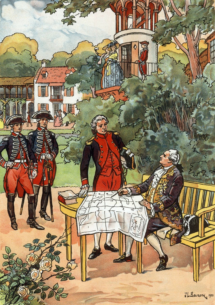 Den franske konge Louis XVI og navigatøren Jean Francois de Galaup, comte de Laperouse (1741-1788) i 1785, illustration af JL Beuzon 1933 af Joseph Beuzon