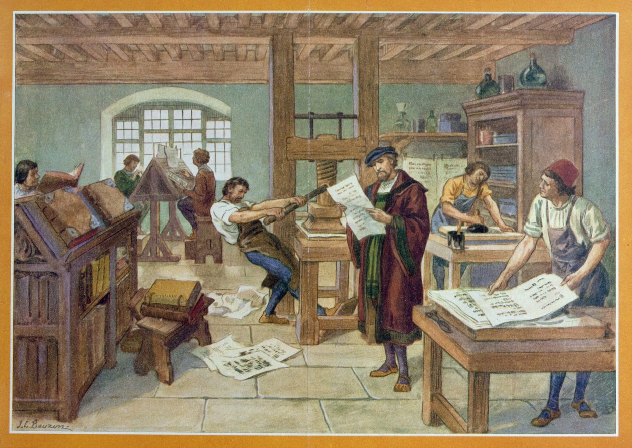 The Invention af Gutenberg af Moveable Type trykning, illustration fra 