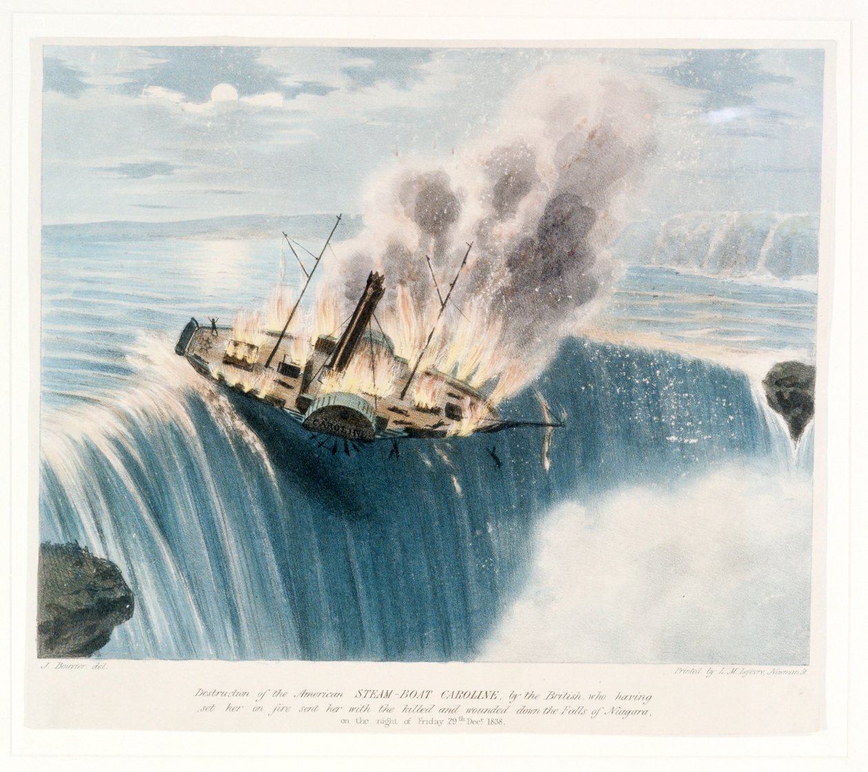 Ødelæggelse af den amerikanske dampbåd Caroline af briterne, som efter at have sat ild til hende sendte hende med de dræbte og sårede ned ad Niagarafaldet natten til fredag den 29. december. 1838 af Joseph Bouvier