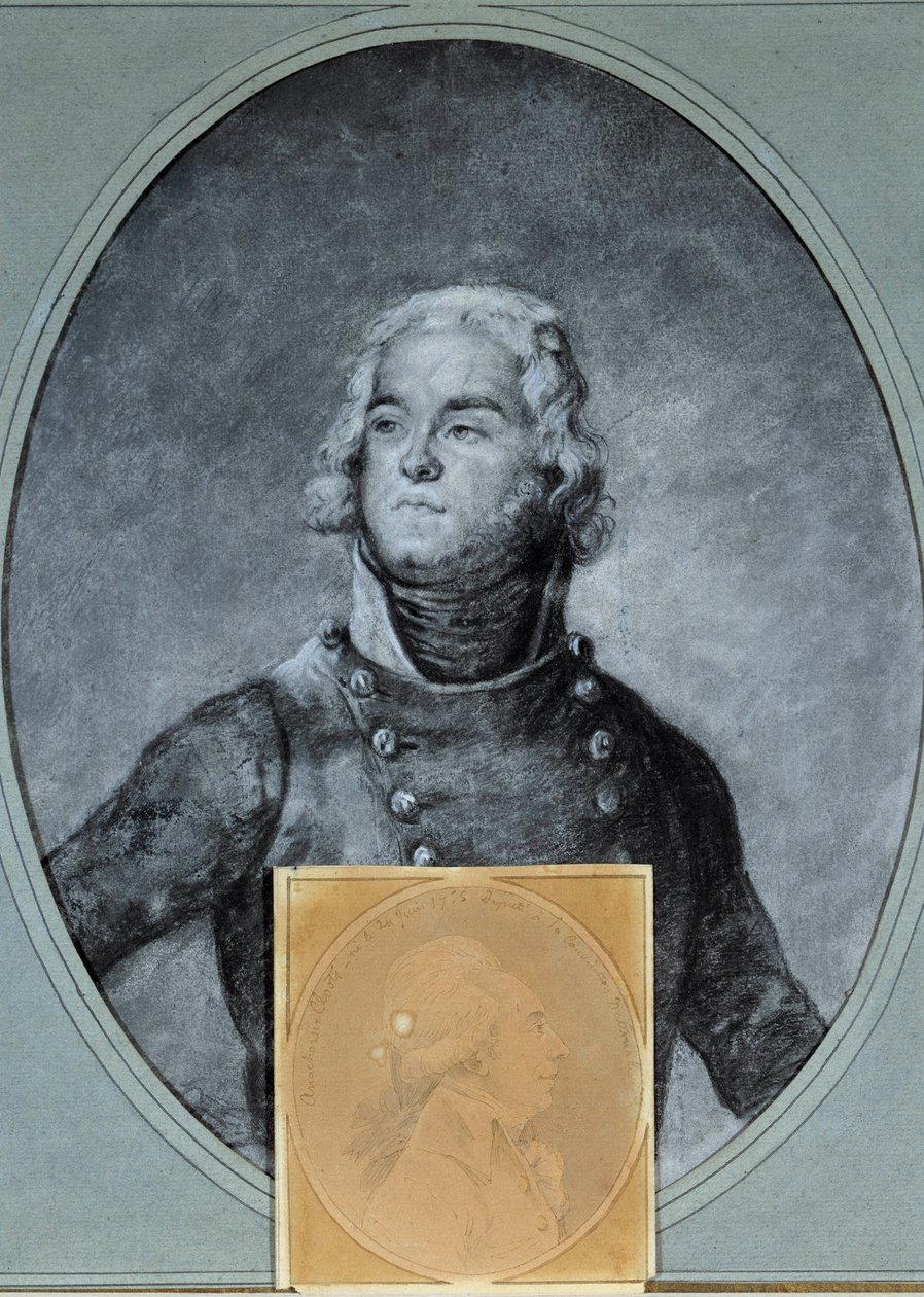 Portræt af general Louis Lazare Hoche (1768-1797) Nedenfor portræt af Anarchasis Cloots (1755-1794), deputeret ved det nationale konvent. Tegning af Joseph Boze (1744/1745-1826) 1700-tallet. Versailles, Lambinet museum af Joseph Boze