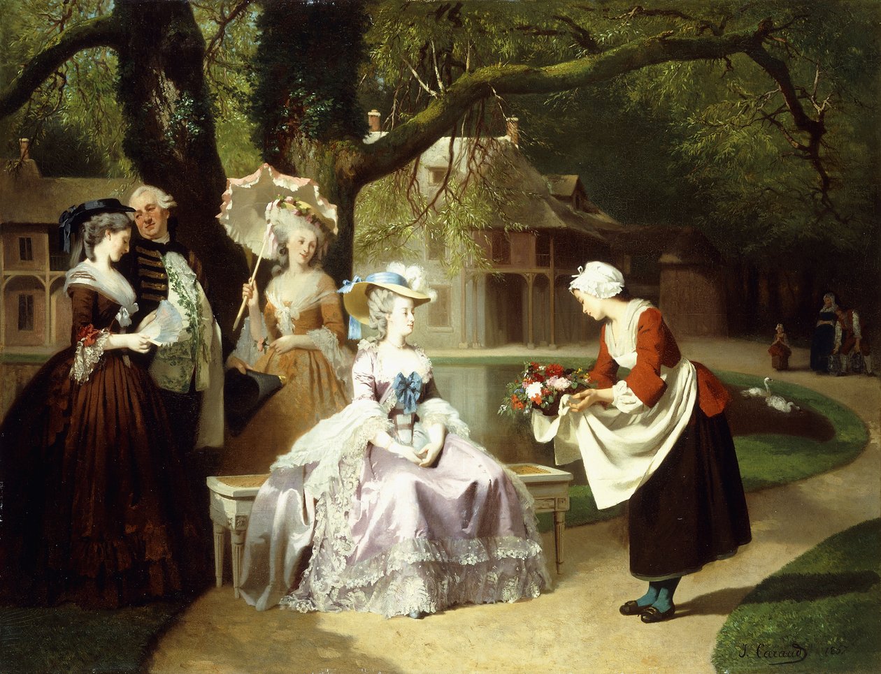 Marie Antoinette og Louis XVI i Tuileriehaven med Madame Lambale, 1857 af Joseph Caraud