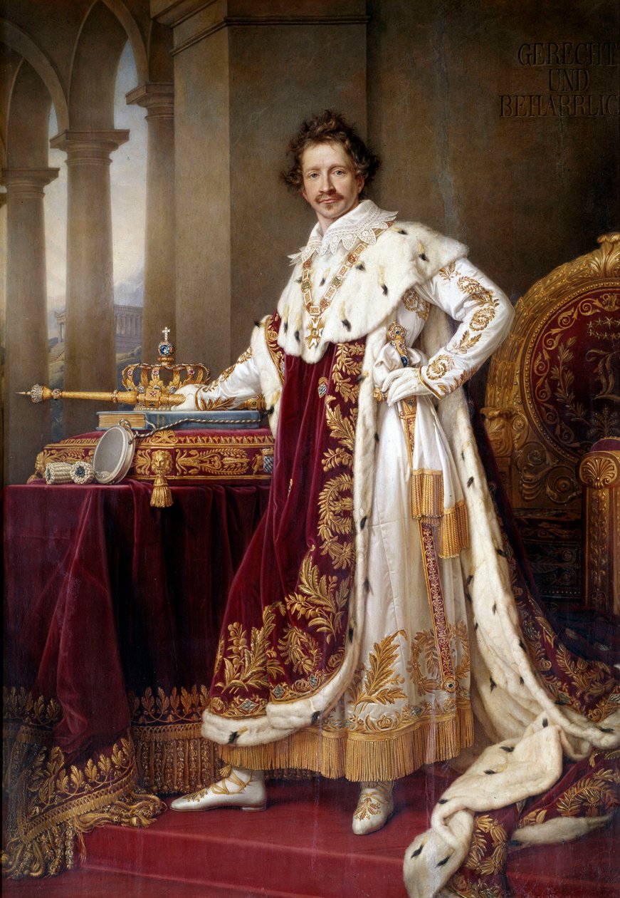 Stående portræt af Ludvig I af Bayern (1786-1868) i Løbekostume-maleri af Joseph Karl Stieler (1781-1858) (ec.all.) 1826 Søn. 1,44x2,71 m München. New Pinakothek - Portræt af Ludwig I af Bayern (1786-1868) i kroningskjoler. Maleri af Jose af Joseph Carl Stieler