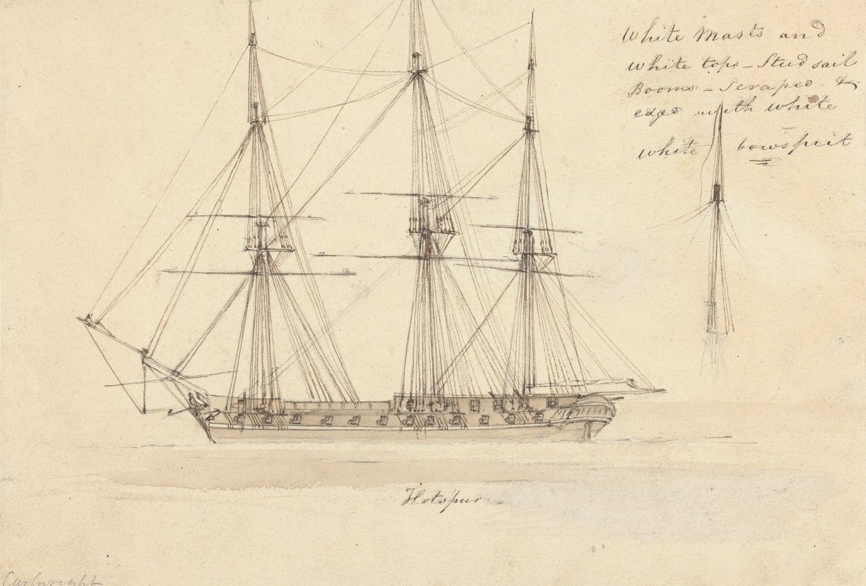 Set fra siden af Single Corvette og toppen af Single Mast, Hotspur af Joseph Cartwright