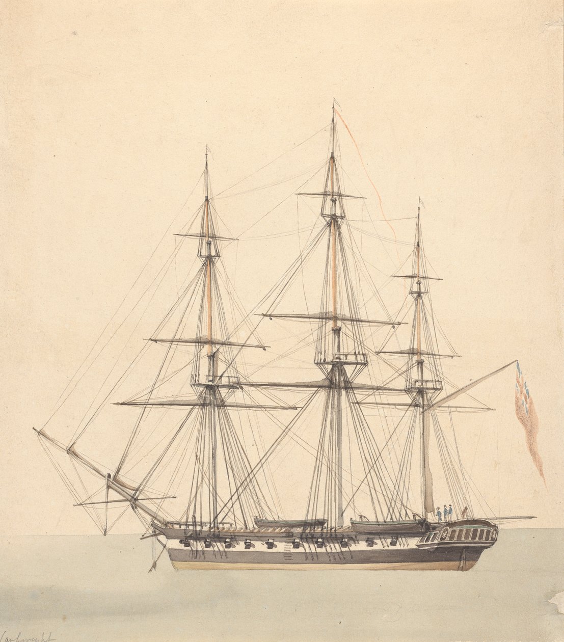 Enkelt korvet (?) med tre figurer i flådeuniformer og Union Jack af Joseph Cartwright