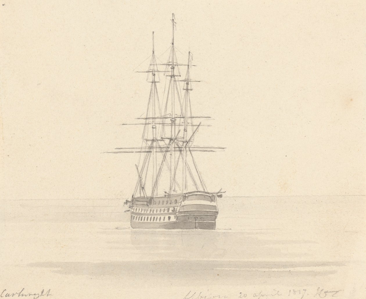 Enkelt Fregat, Stævn Forlæns; Albion 20. april 1817 af Joseph Cartwright