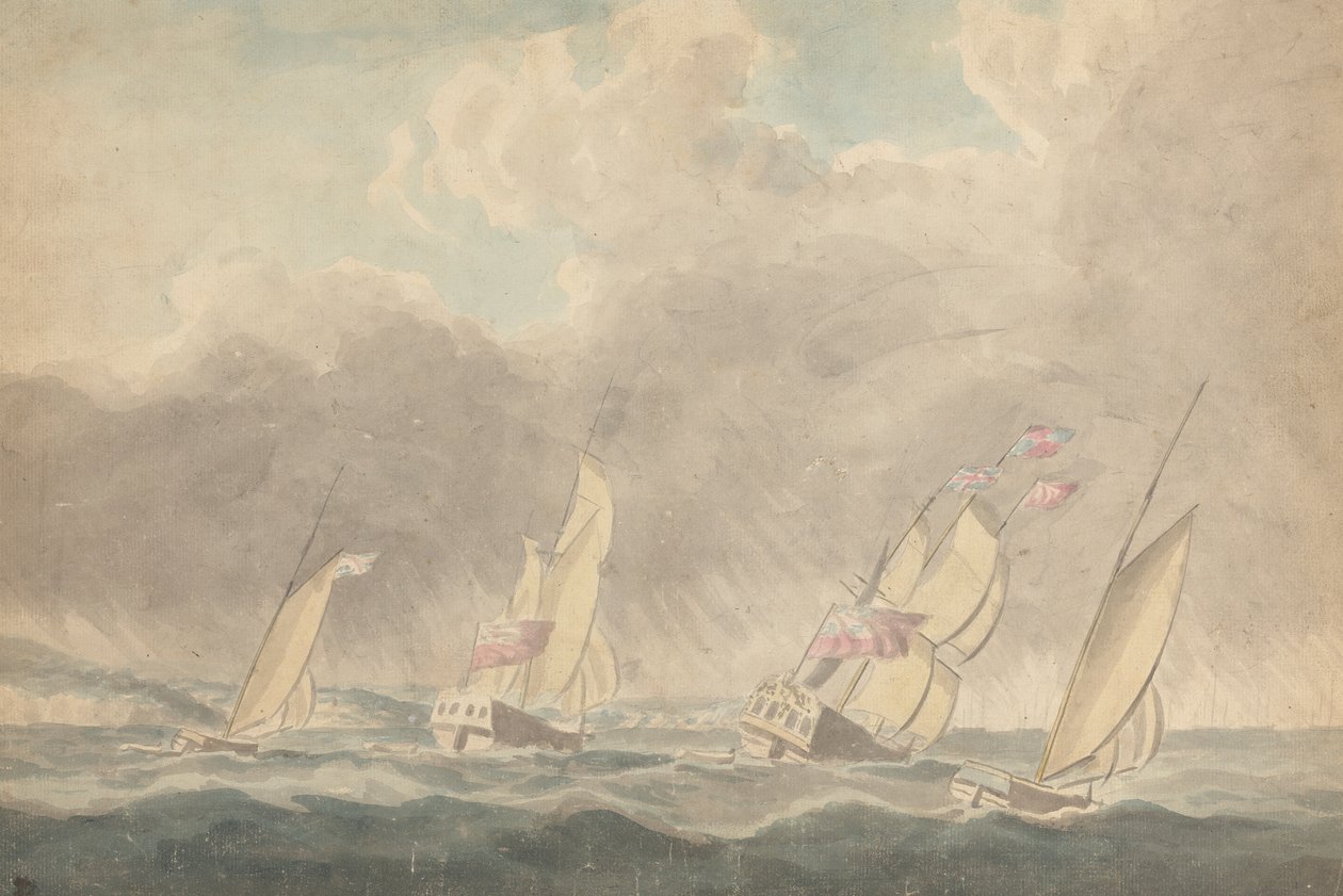 To Krigsslupper, en Bark og en Skonnert (?), Sterns Forward, in Heavy Sea; Flere sejlfartøjer i baggrunden af Joseph Cartwright