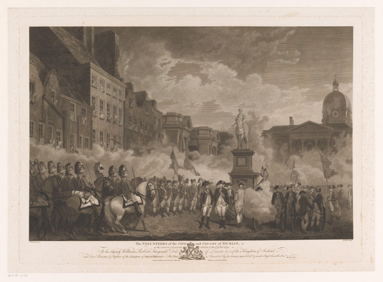 Ontmoeting van soldaten på College Green til Dublin The Volunteers of the City and County of Dublin (titel på objekt) af Joseph Collyer
