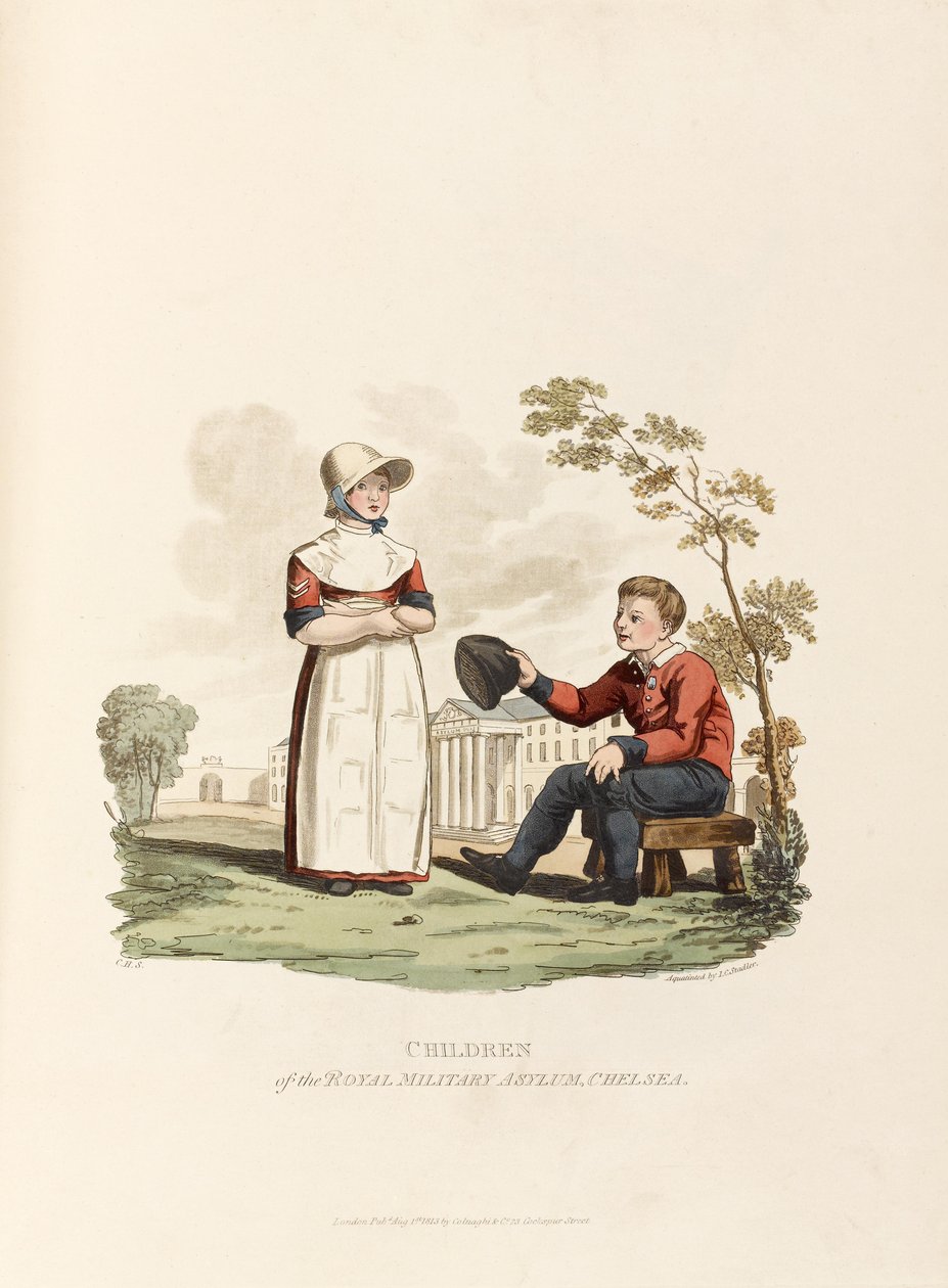 Børn fra Royal Military Asylum, Chelsea, 1813 (farvet akvatint) af Joseph Constantine Stadler
