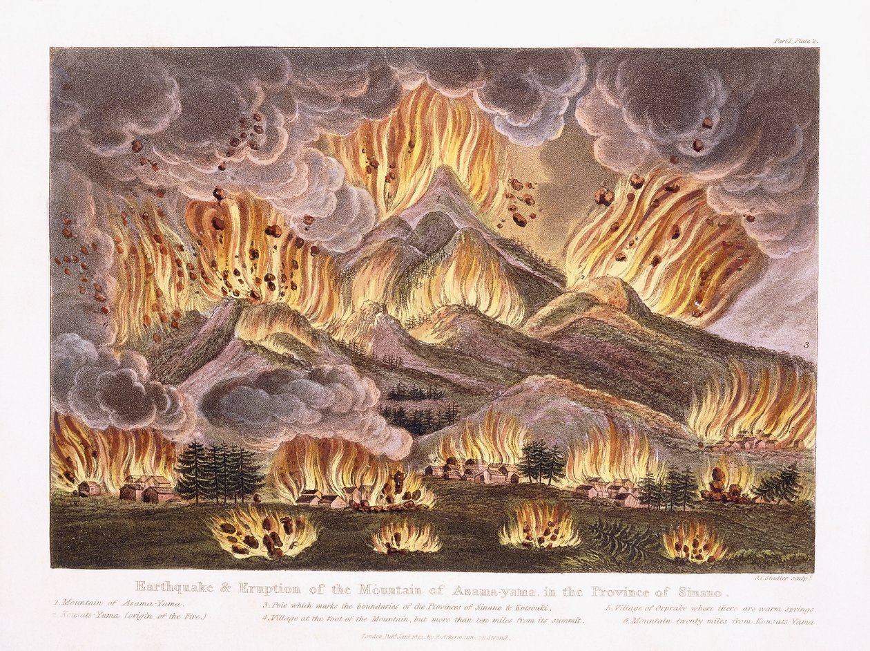 Jordskælv og udbrud af Asama-yama-bjerget i Sinano-provinsen, 1822 af Joseph Constantine Stadler