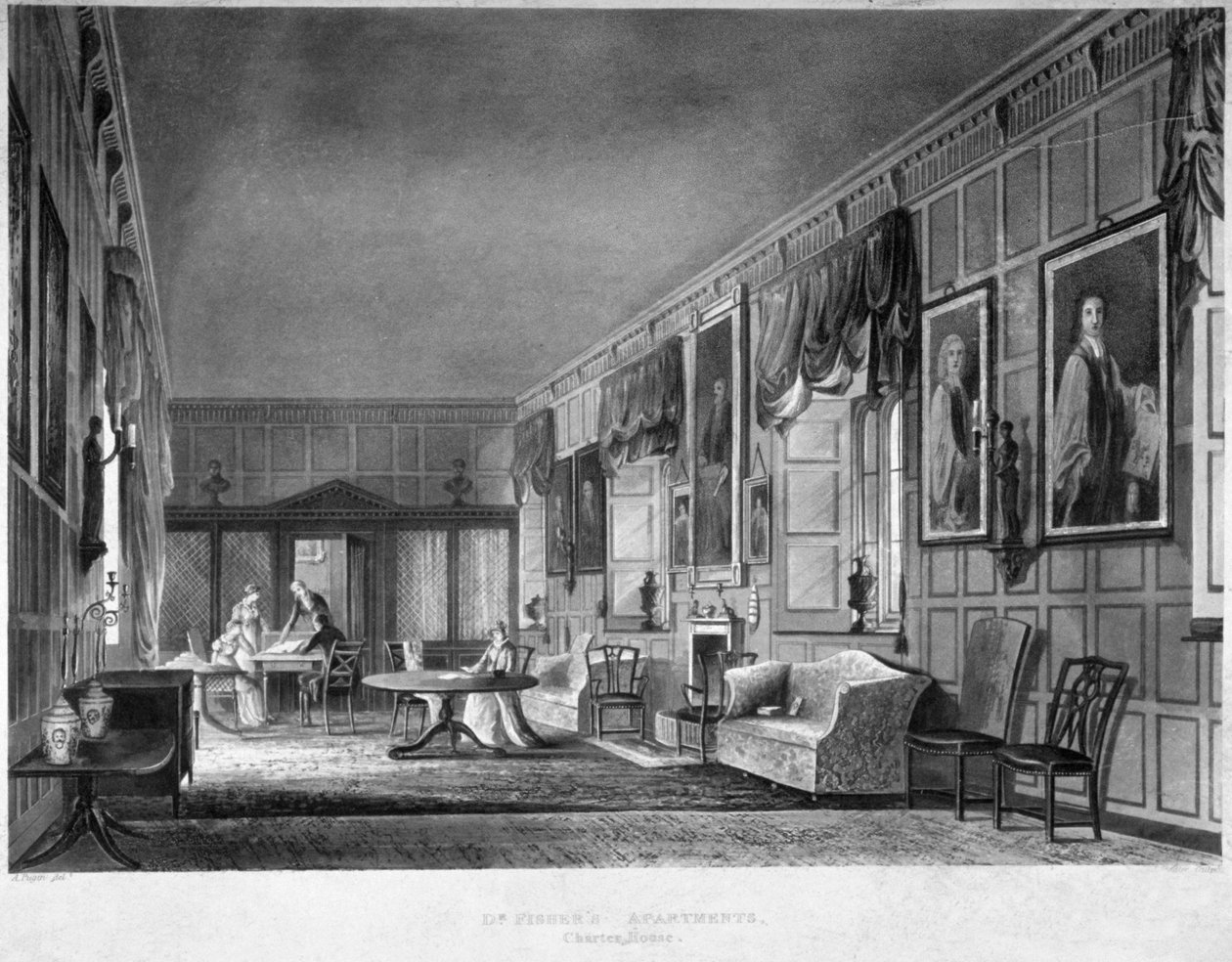 Indvendigt billede af Dr Fishers lejligheder, Charterhouse, Finsbury, London, 1816. af Joseph Constantine Stadler