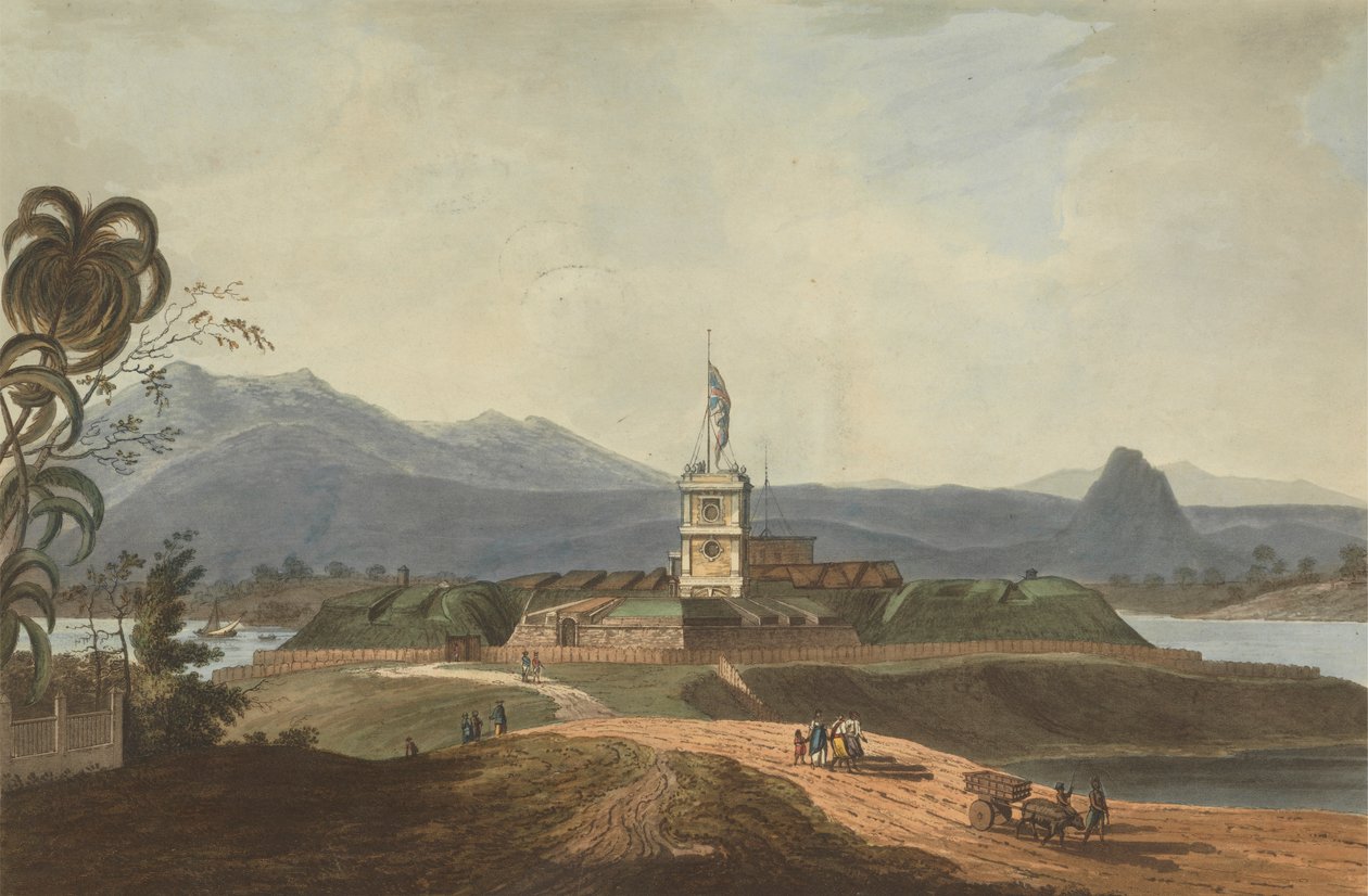 Sydøst udsigt over Fort Marlborough, Benkulen, Sumatra, 1799 af Joseph Constantine Stadler