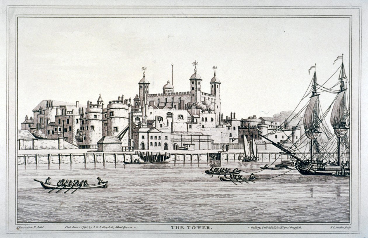 Sydlig udsigt over Tower of London med både på Themsen, 1795 af Joseph Constantine Stadler