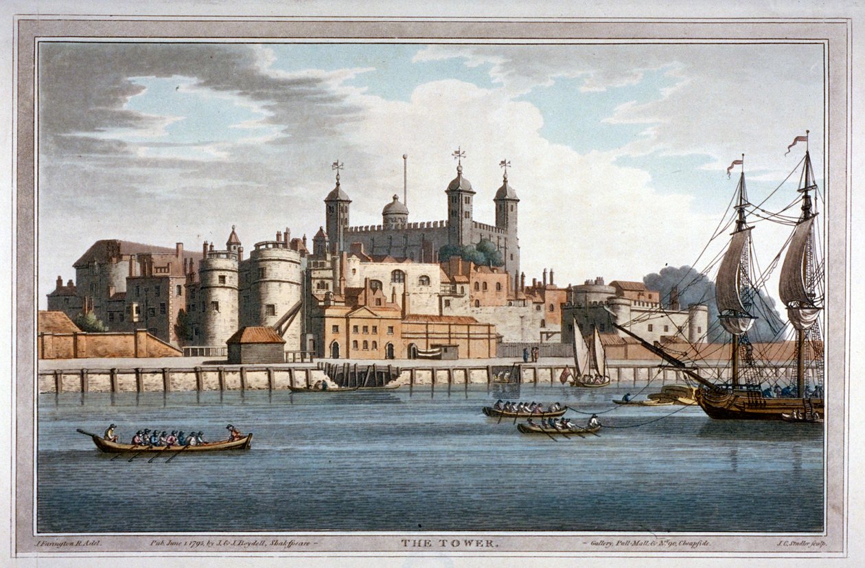 Sydlig udsigt over Tower of London med både på Themsen, 1795 af Joseph Constantine Stadler