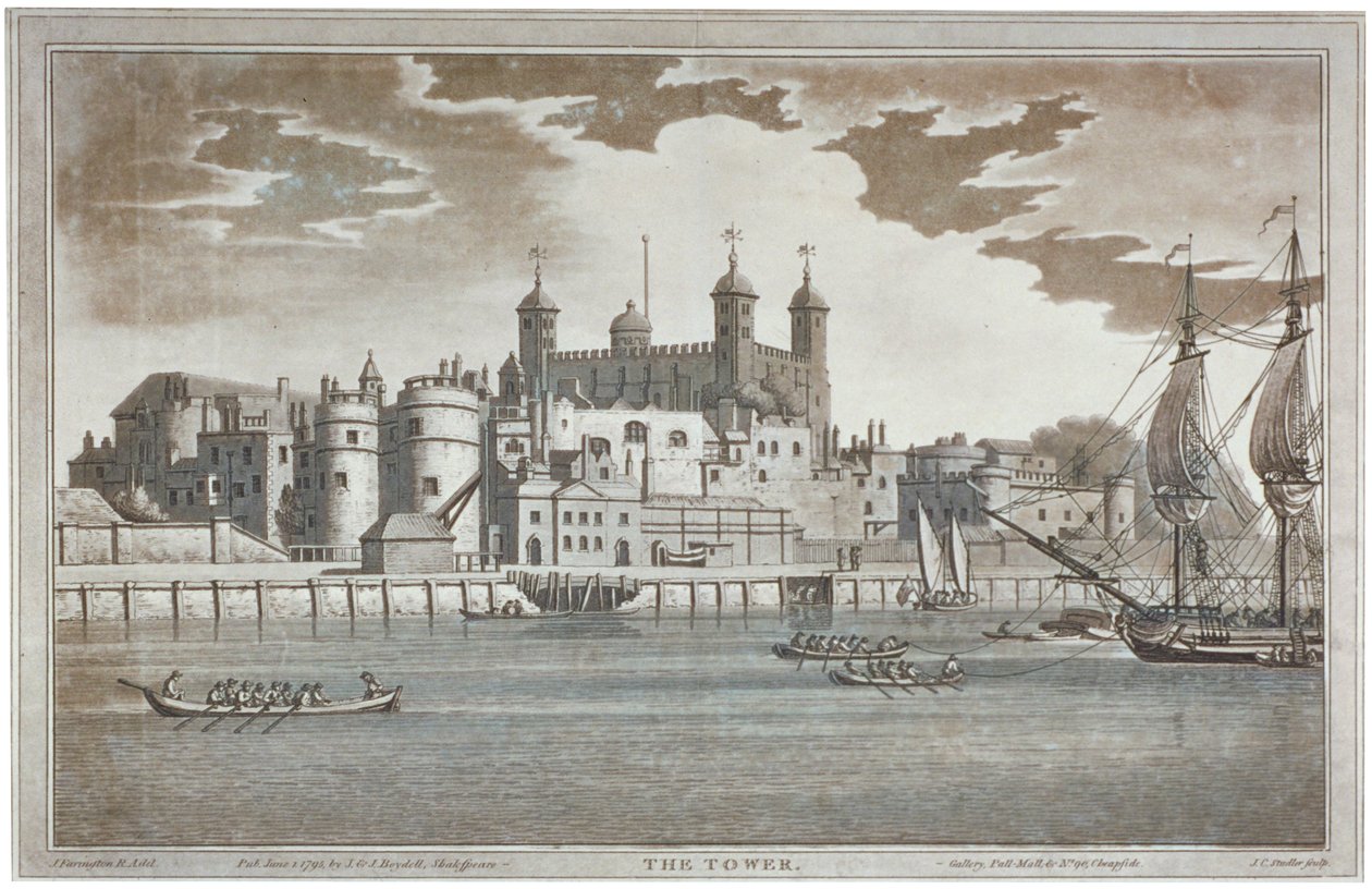Se Tower of London fra Themsen med både på floden, 1795 af Joseph Constantine Stadler