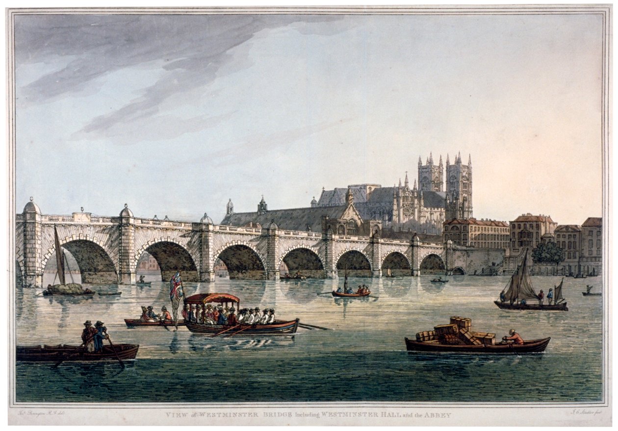Westminster Bridge, Westminster Abbey og Westminster Hall, London, 1789. af Joseph Constantine Stadler