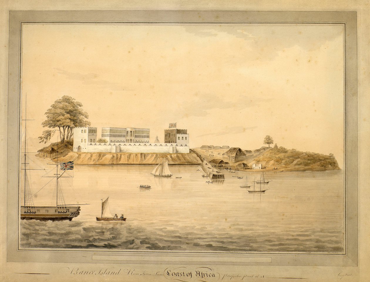 Udsigt over Bance Island, Sierra Leone, Afrika, ca. 1805 (akvarel) af Joseph Corry