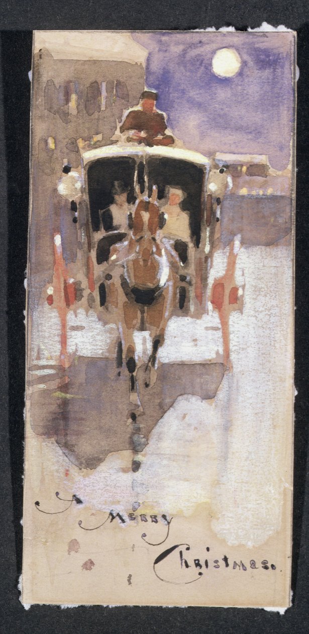 Julekort med en Hansom Cab (wc forhøjet med hvidt kridt på papir) af Joseph Crawhall