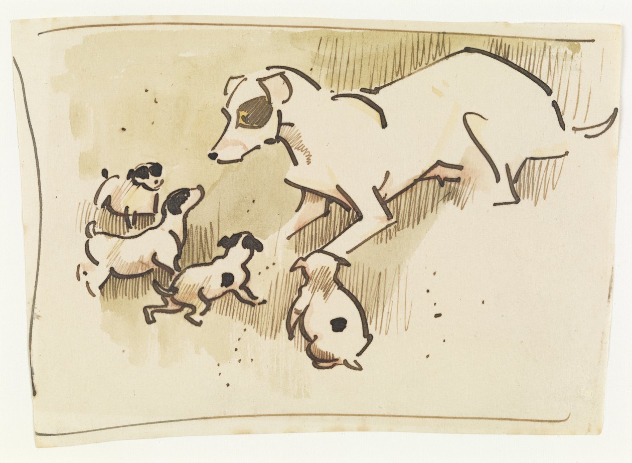 Fox Terrier og hvalpe (pen & vask på papir) af Joseph Crawhall