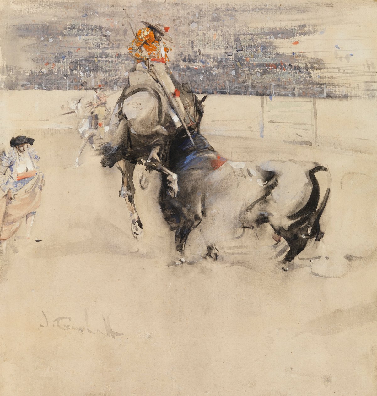Tyrefægtningen ved Algeciras (akvarel med kropsfarve på papir) af Joseph Crawhall