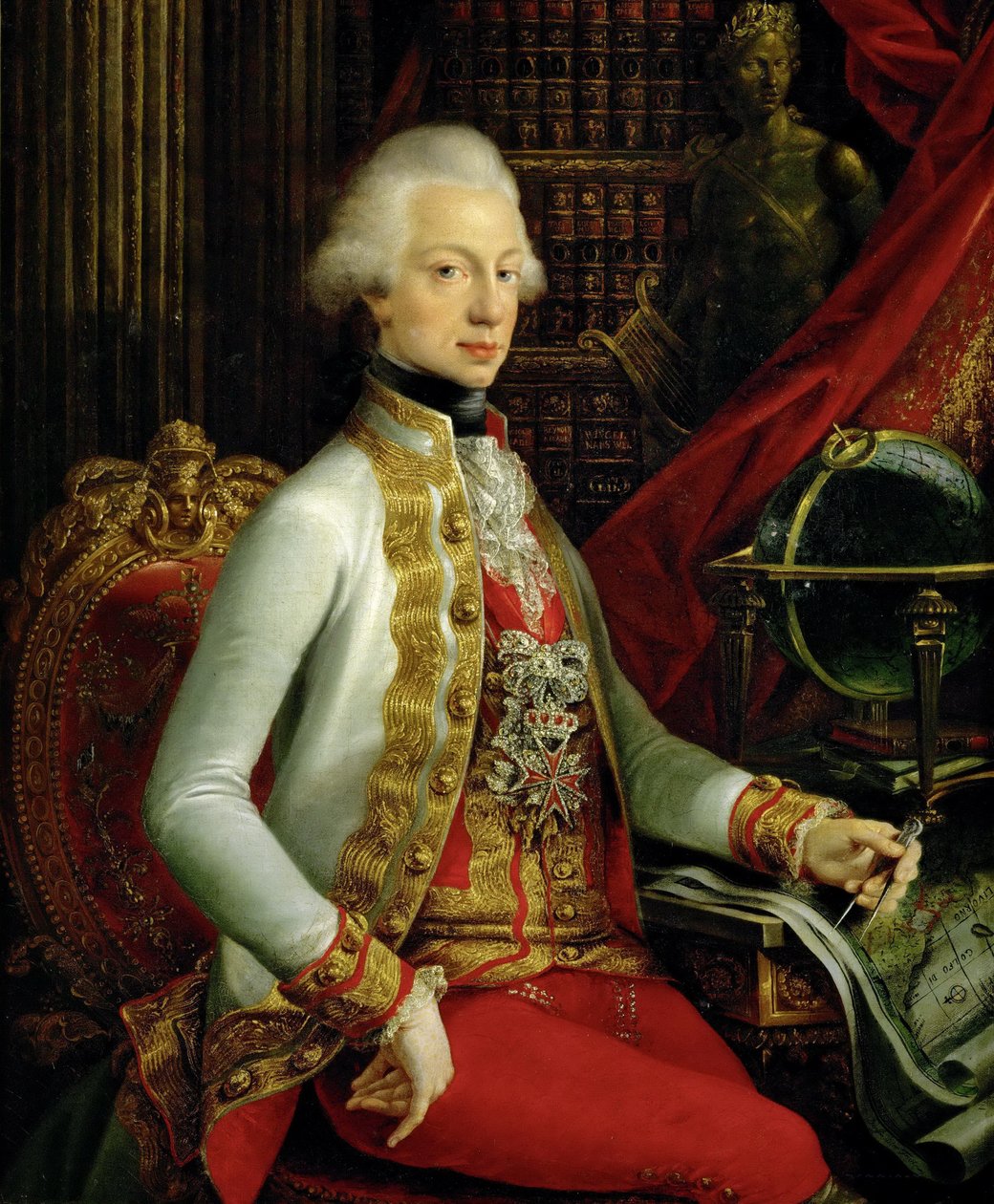 Tysk: Großherzog Ferdinand III. (1769-1824), Sohn von Leopold II., in seiner Bibliothek sitzend, Kniestück Portræt af Ferdinand III, ærkehertug af Østrig og storhertug af Toscana (1769-1824) siddende i sit bibliotek af Joseph Dorffmeister