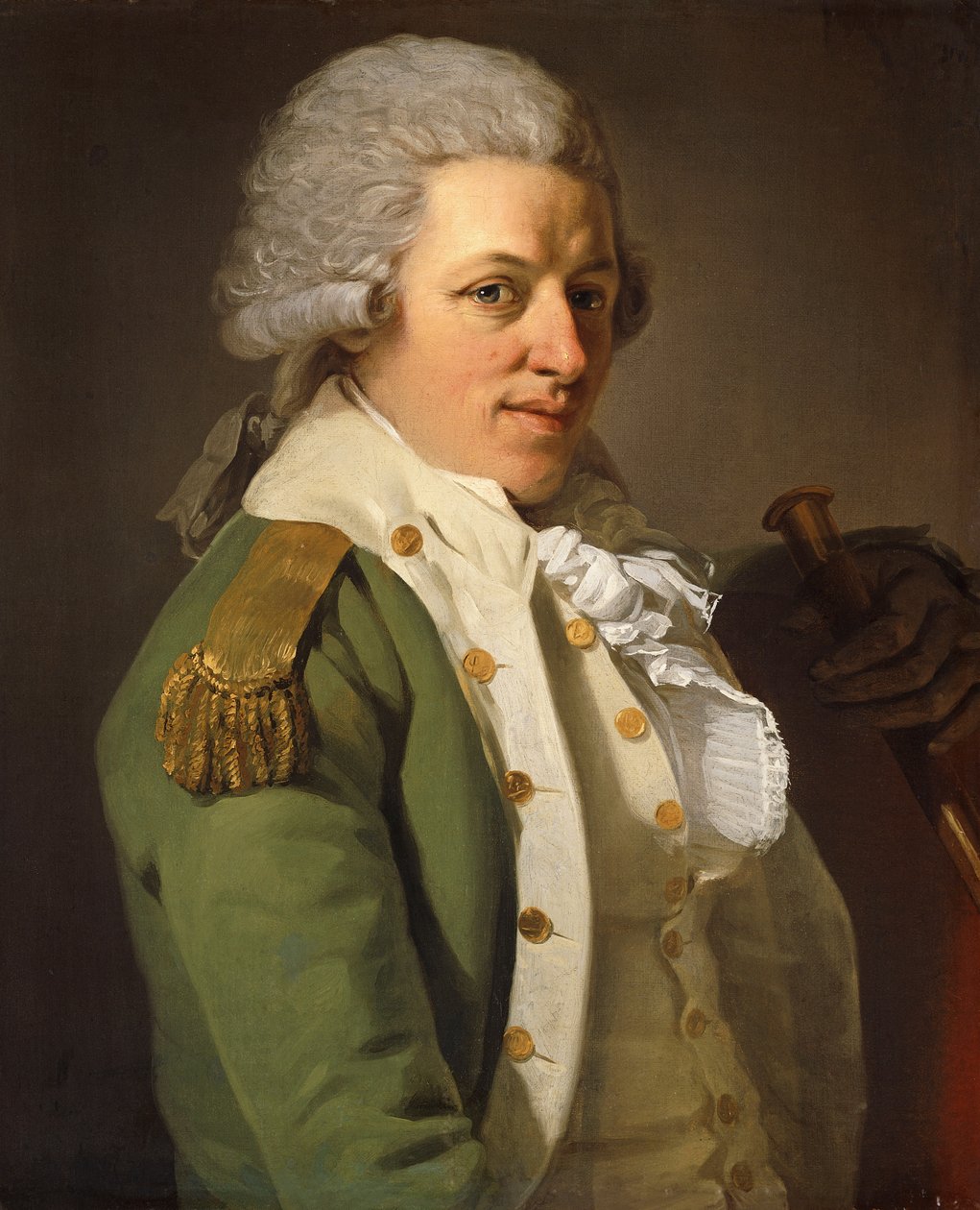 Portræt af kunstneren, halvlængde, iført en grøn jakke og holder en stok, af Joseph Ducreux