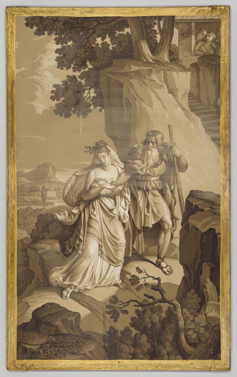 Tapet, panel, forestillende Les Amours de Psyche: Psyche på stenhuggede trapper, i grisaille-toner af Joseph Dufour