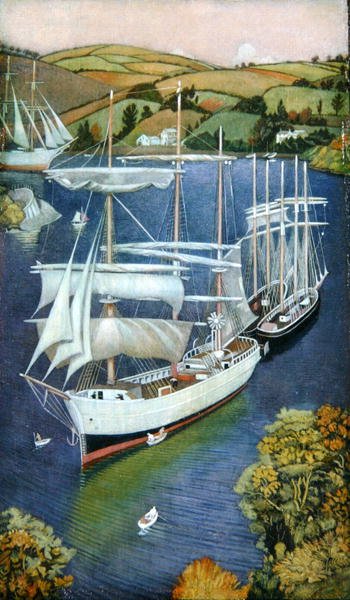 Brigger on the Fowey Estuary, ca. 1929 (olie på panel) af Joseph Edward Southall
