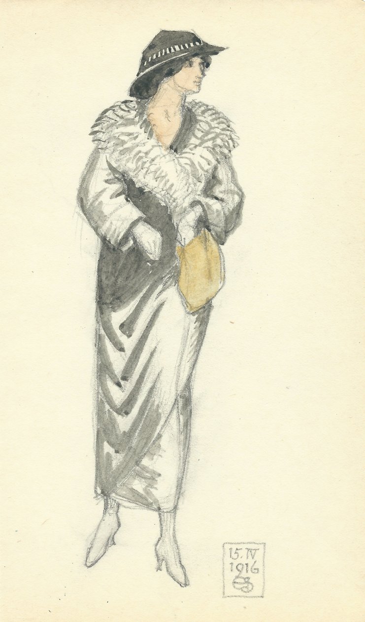 Fashionable Lady, 15.IV.1916, 1916 (pen & blæk og wc på papir) af Joseph Edward Southall